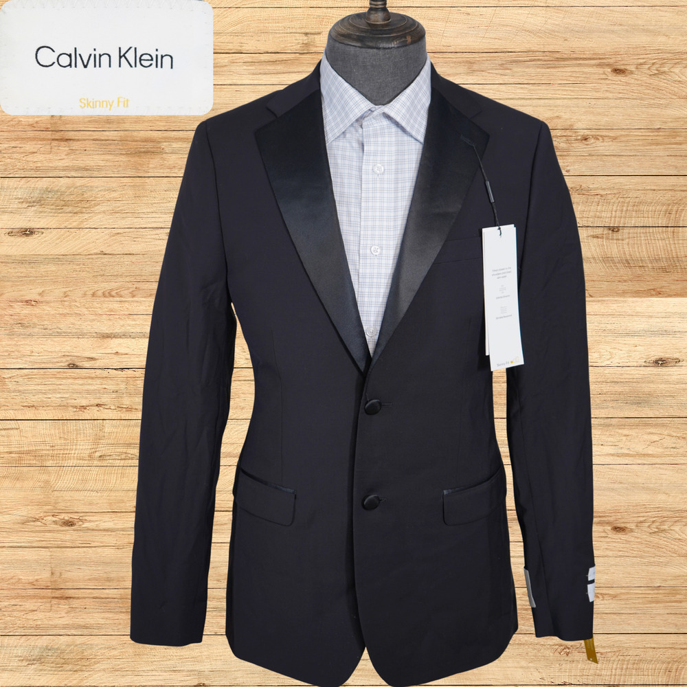 Calvin Klein Tuxedo Jacket Mens 40L Black Wool Stretch Skinny Fit NWT $450